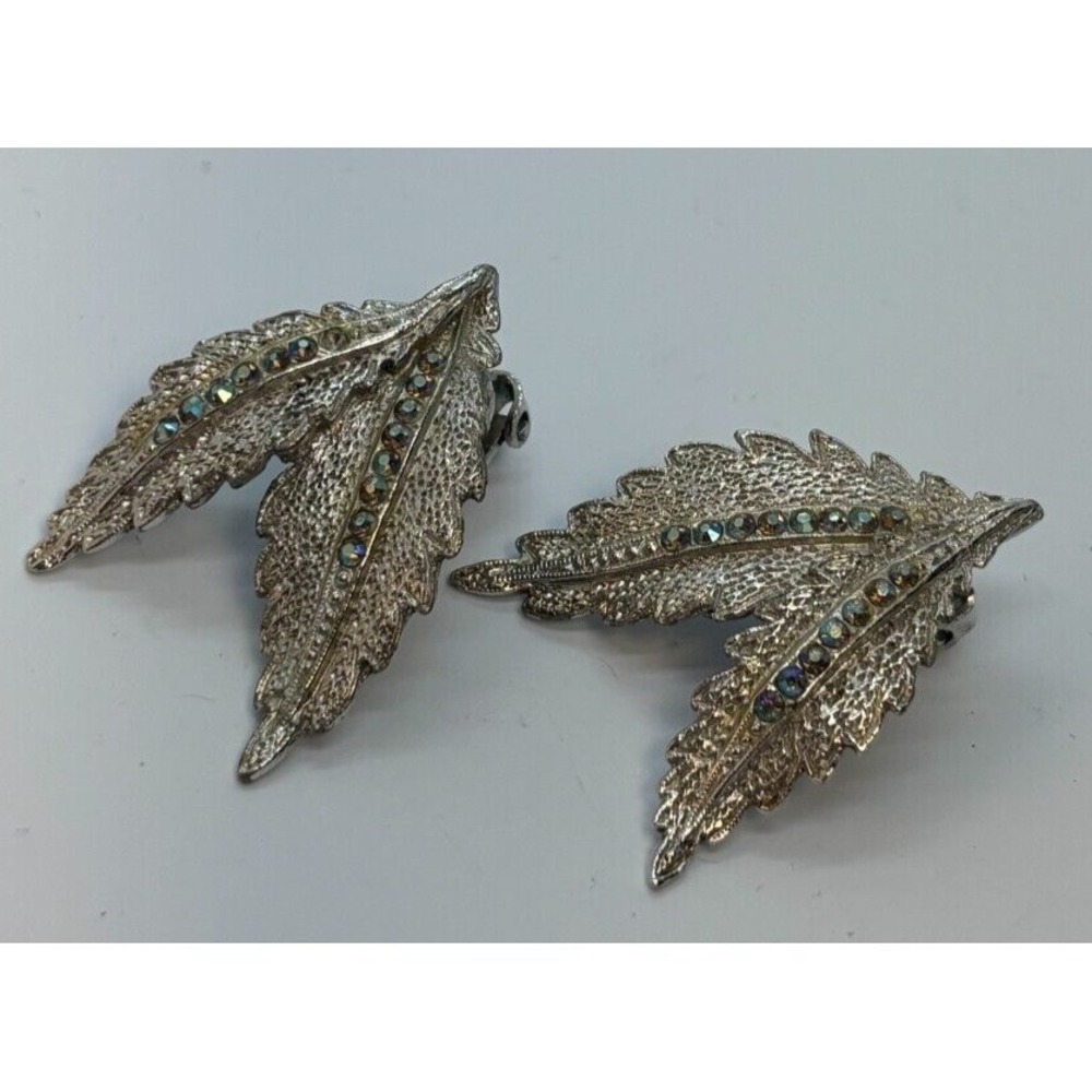 Earrings Signed Ora Leaf Design Silver‎ Plated and Rhinstone Vintage Clip